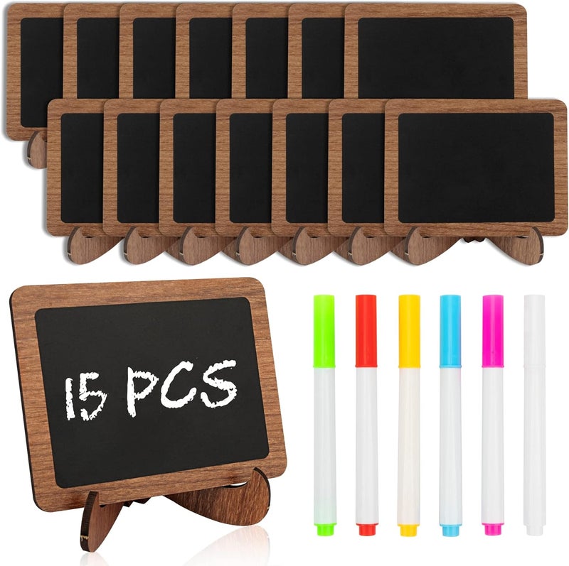 Temlum 15 Pcs Mini Chalkboard Sign with 6 Color Chalk Markers, 2.9″ x 3.9″ Wooden Blackboard Reusable Small Chalkboards for Food, Buffet, Parties, Message Boards, Table Numbers (Rectangular) - Image 1